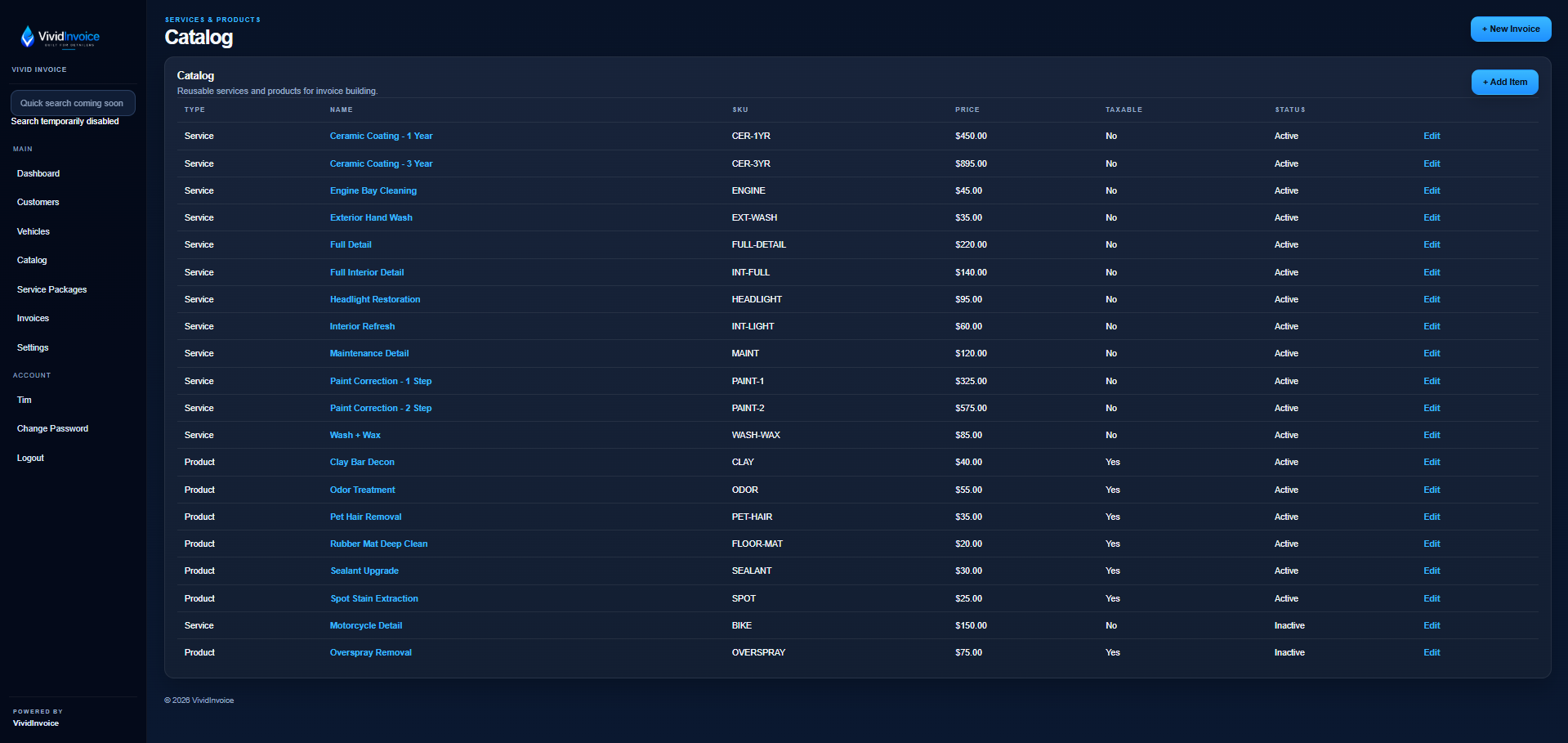 VividInvoice catalog view