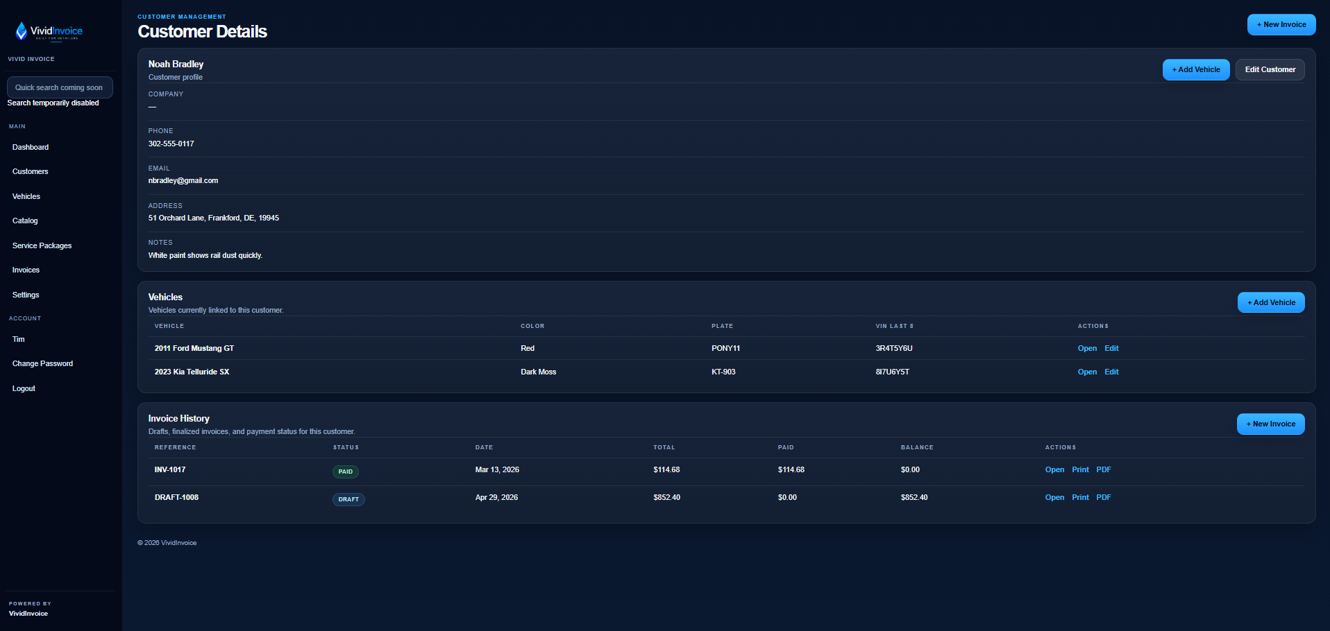 VividInvoice customer detail screen