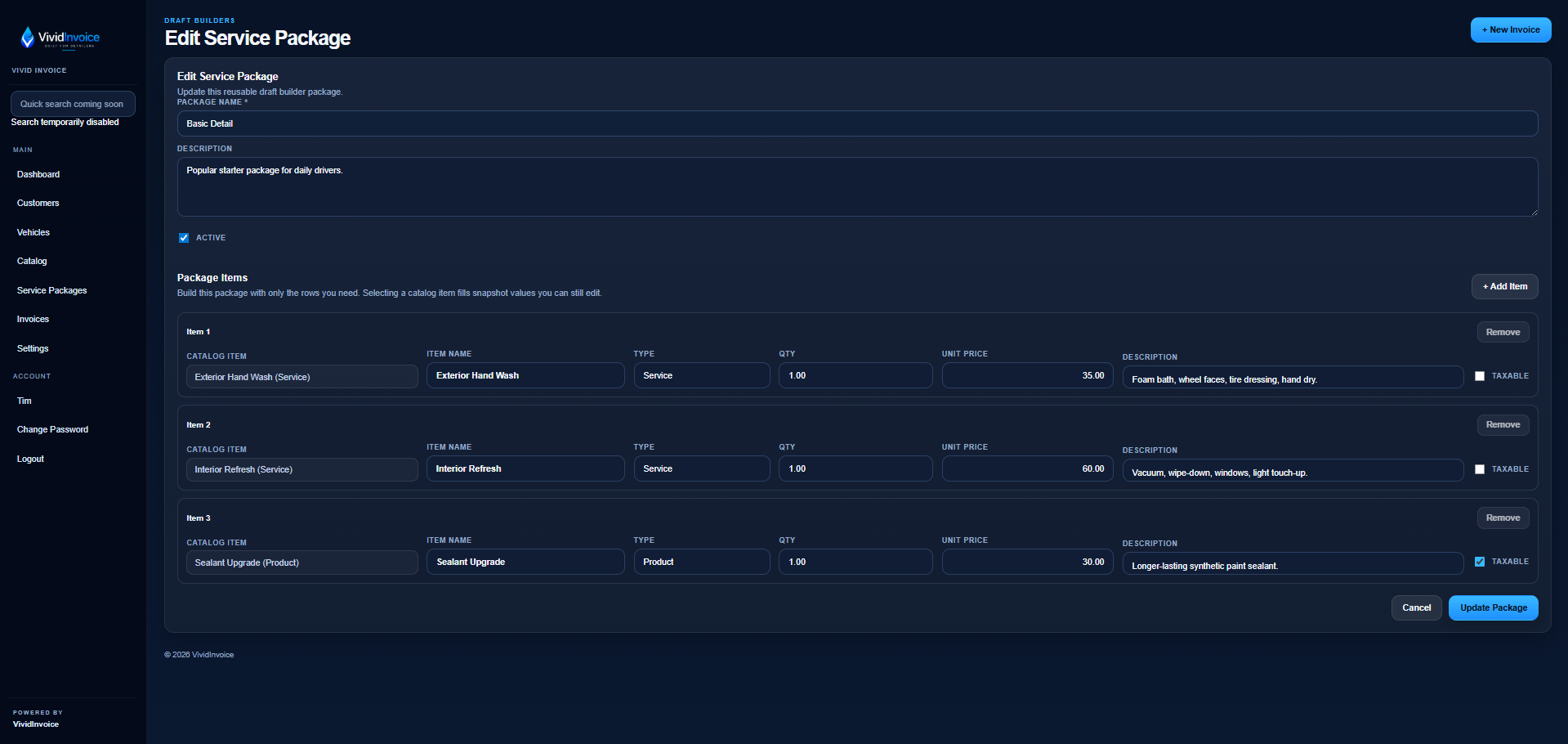 VividInvoice service package editor